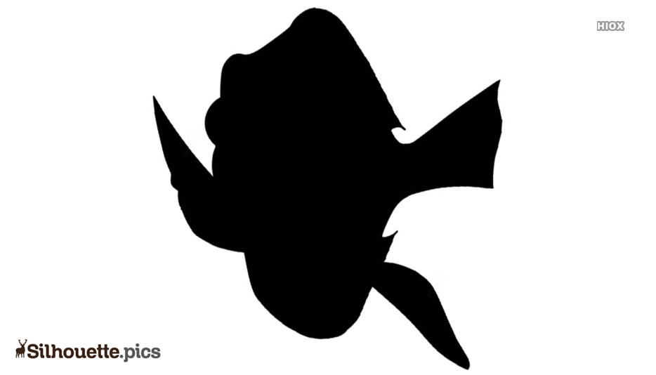 Black silhouette of a tropical fish, likely a surgeonfish or tang, with distinctive dorsal and caudal fins.
