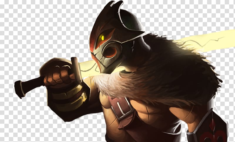 Masked warrior with glowing yellow eye, fur-lined armor, and drawn sword in dynamic pose.