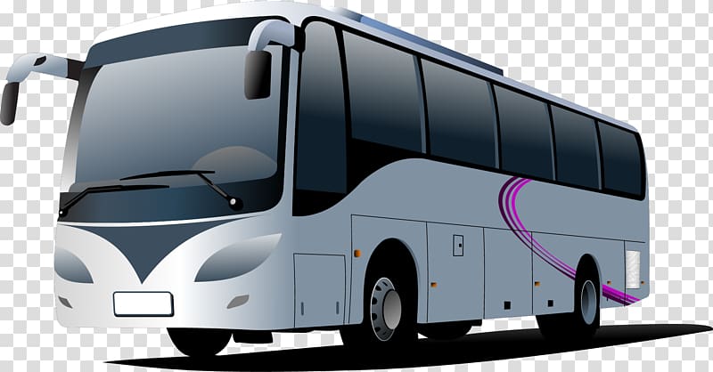 Modern silver coach bus with purple decorative swirl, large tinted windows, and sleek aerodynamic design on transparent background.
