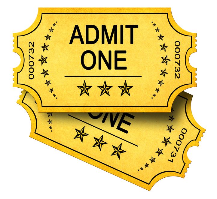 Two vintage-style yellow "Admit One" tickets with star motifs and serial numbers 000732 and 000731.
