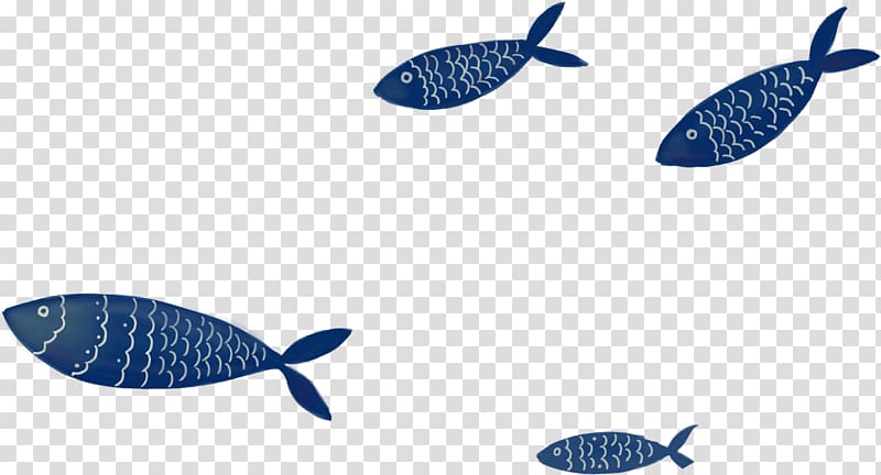 Four stylized blue fish with white scale patterns swimming on transparent background.