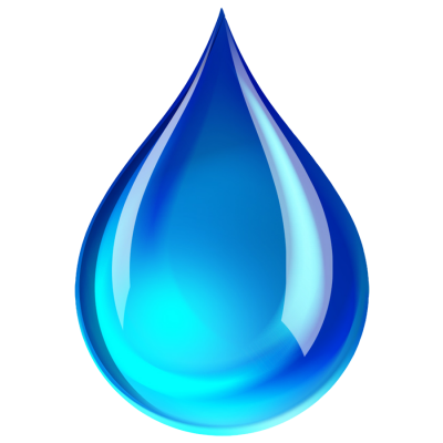 Glossy blue water droplet icon with light reflections, isolated on transparent background.