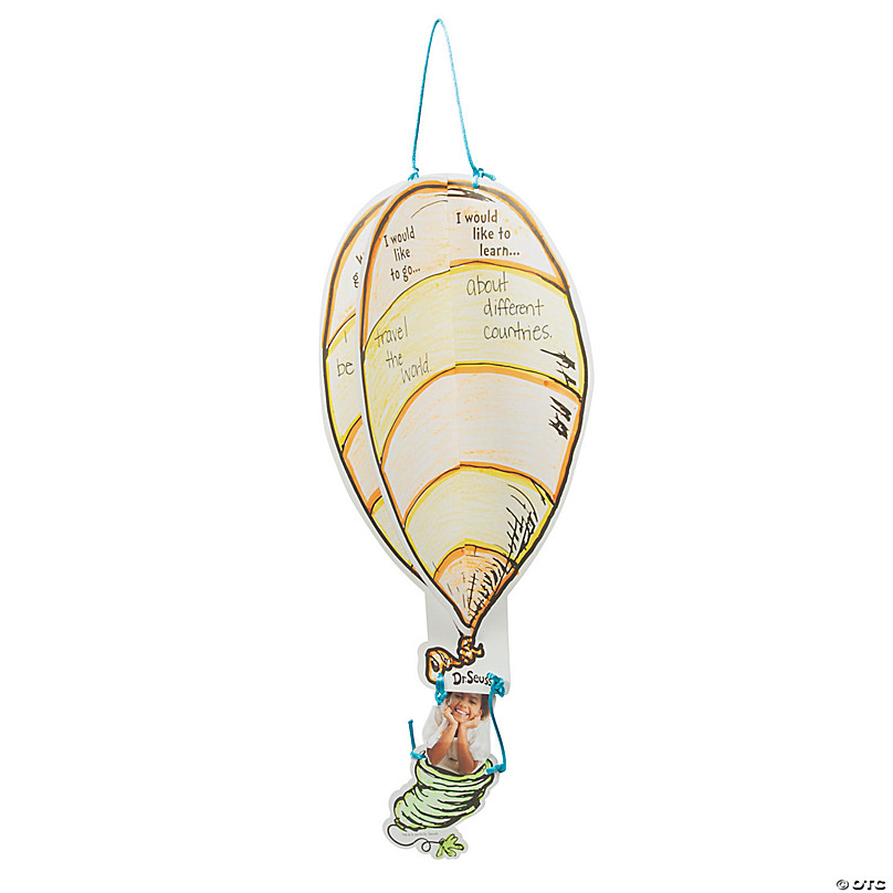 Dr. Seuss-inspired hot air balloon craft with handwritten goals and a child’s photo in the basket.