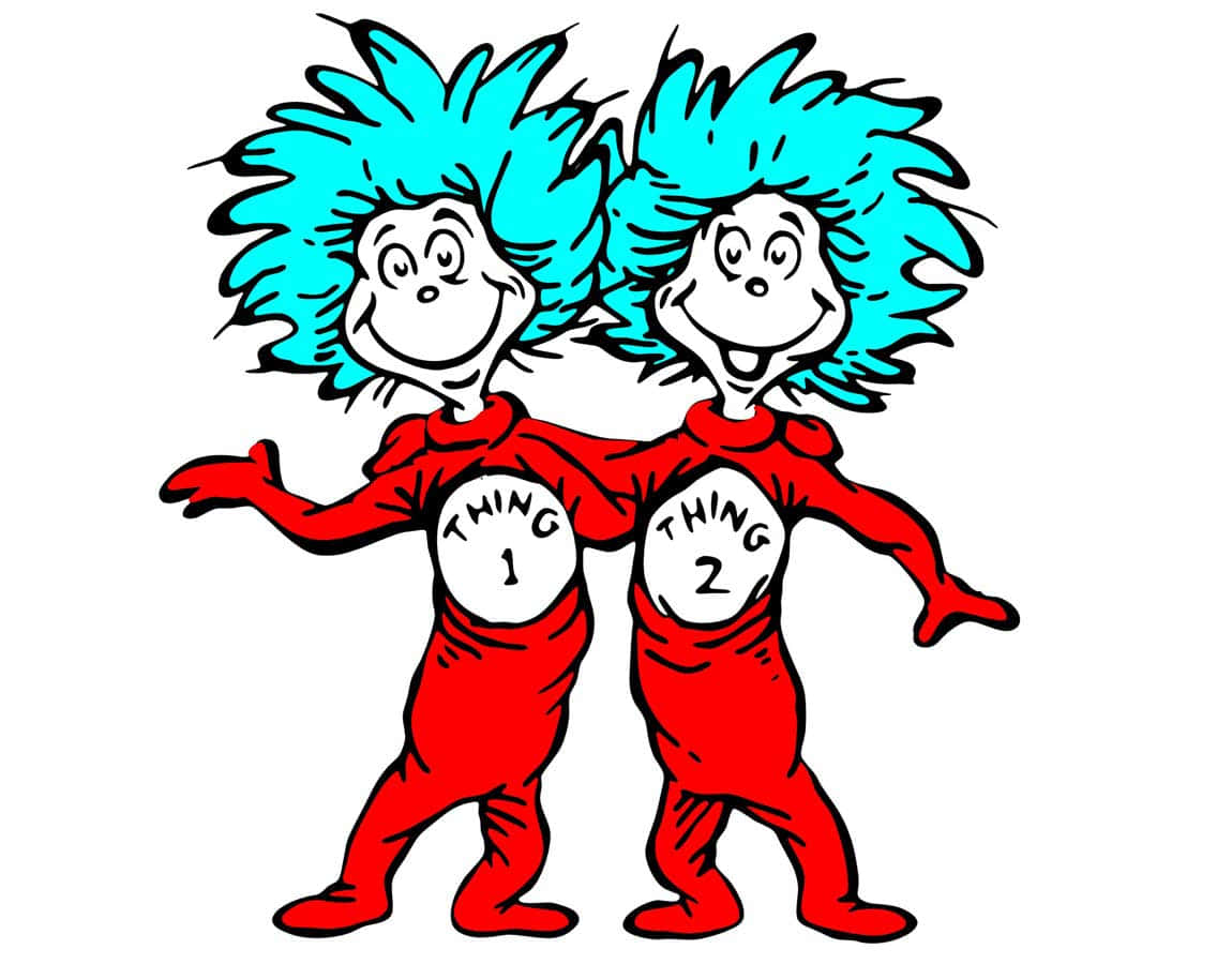 Thing 1 and Thing 2 from Dr. Seuss, two identical characters with wild blue hair and red suits labeled "THING 1" and "THING 2".