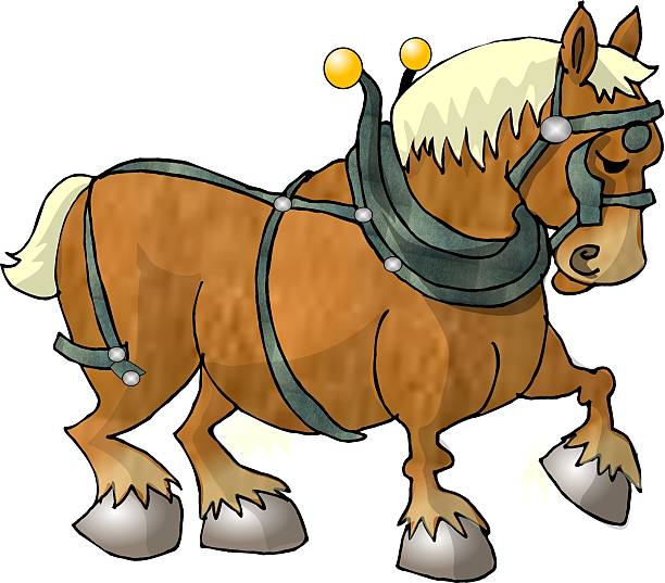 A cartoon-style brown draft horse with white mane and tail, wearing a green harness with gold accents and silver hooves.