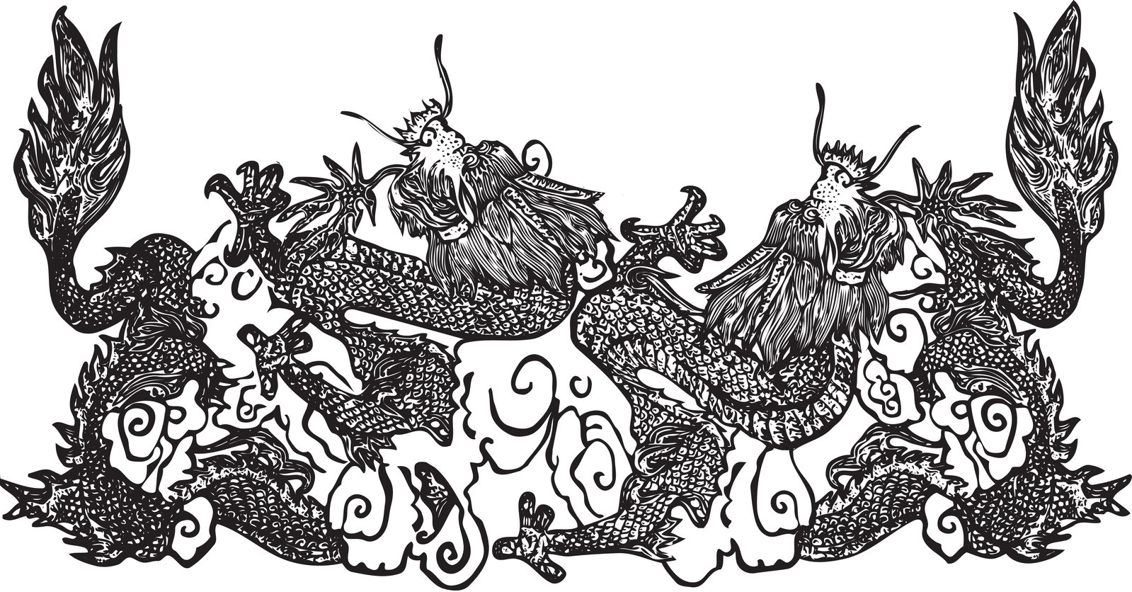 Intricate black-and-white line art of two Chinese dragons entwined among stylized clouds, detailed scales, manes, and claws.