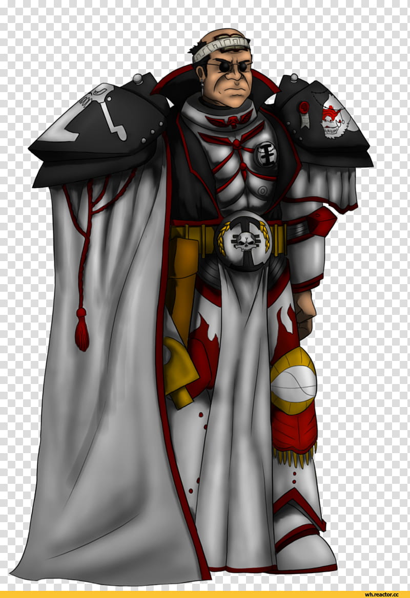 A stern, bald warrior in ornate black, red, and silver power armor with a grey cloak, skull insignia, and eye patch.