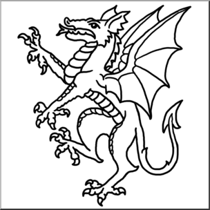 Black-and-white line drawing of a heraldic dragon in rampant pose with wings spread, claws extended, and detailed scales.
