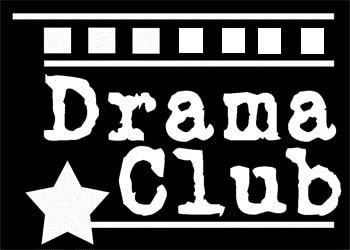 Black-and-white "Drama Club" logo with film strip header and star icon.