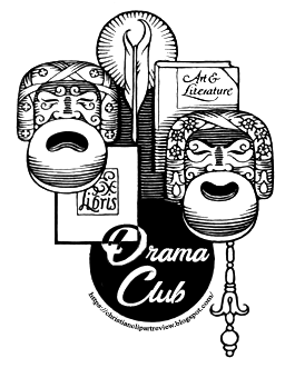 Black-and-white illustration of classical theater masks, books titled "Art & Literature" and "Horis", a quill, and a "Drama Club" emblem.