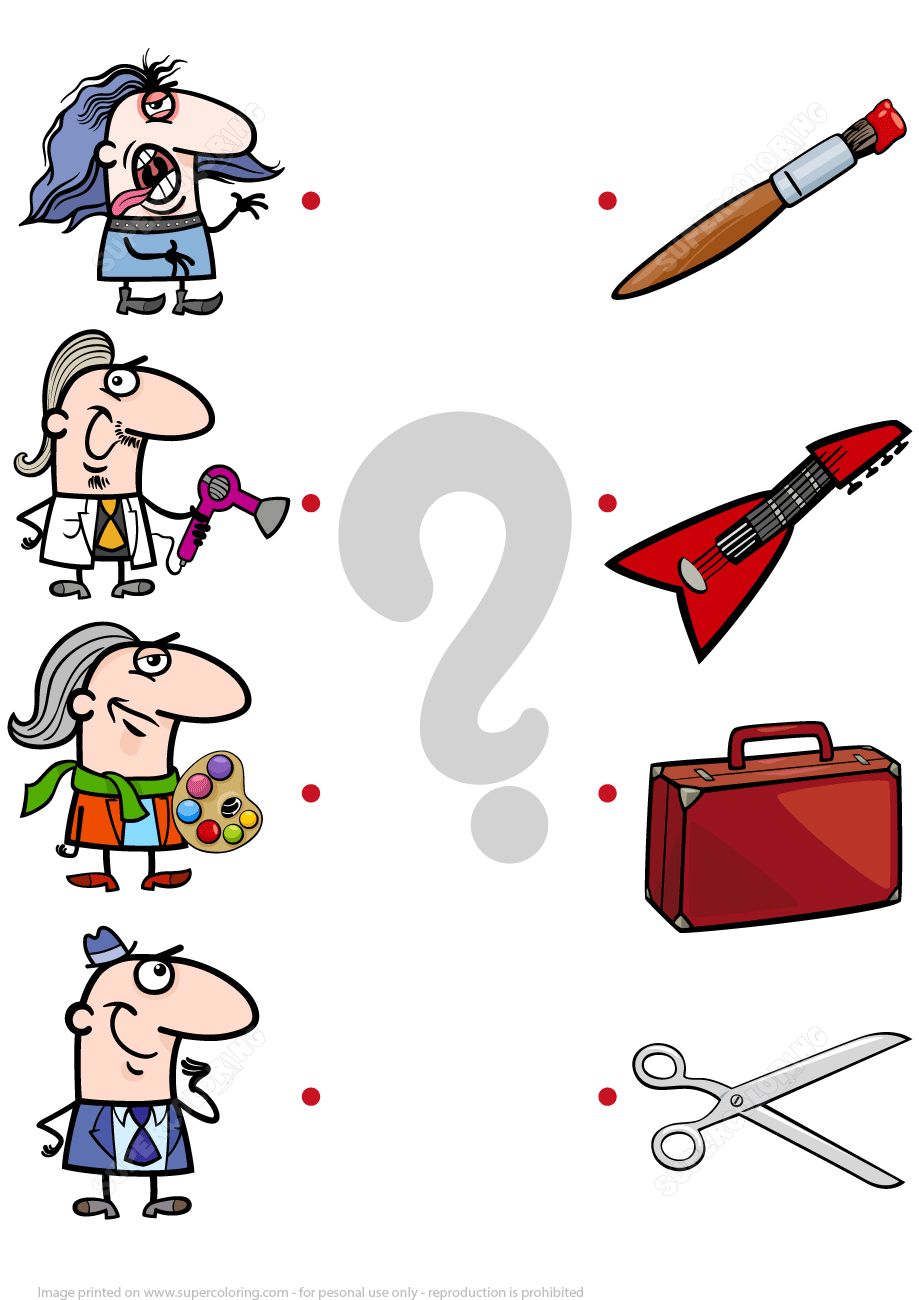 Cartoon matching game: four characters (mad scientist, artist, businessman, rocker) paired with paintbrush, guitar, briefcase, scissors.