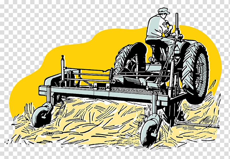 Farmer operating a vintage tractor with hay baler attachment in a field.