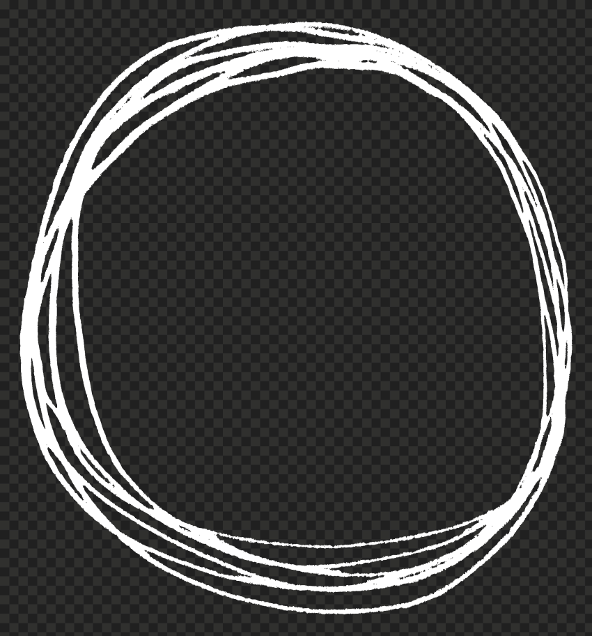 Hand-drawn white circular frame with sketchy, layered lines on transparent background.
