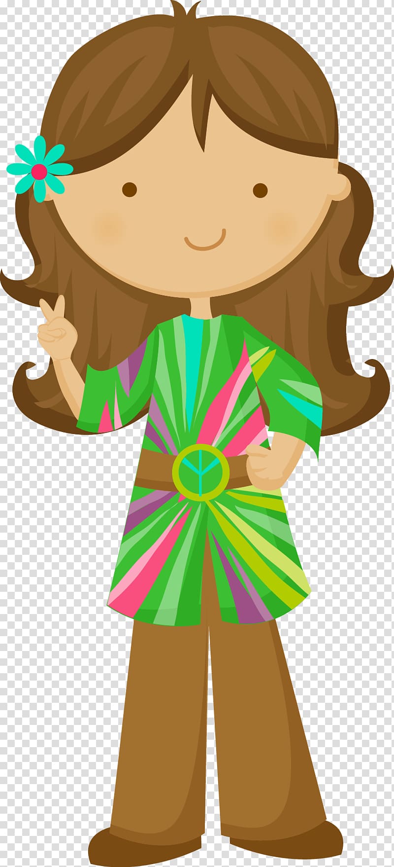 Cartoon girl with brown hair, flower in hair, peace sign, colorful 60s-style outfit and peace symbol belt buckle.