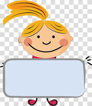 Smiling cartoon girl with blonde ponytail holding a blank signboard.