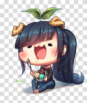 Chibi girl with leafy hair accessories joyfully eating colorful ice cream from a bowl.