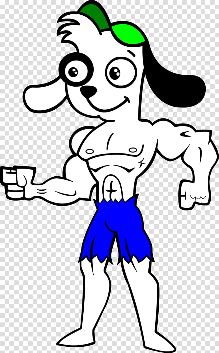 Muscular cartoon dog with green cap, blue shorts, and confident pose holding a cup.