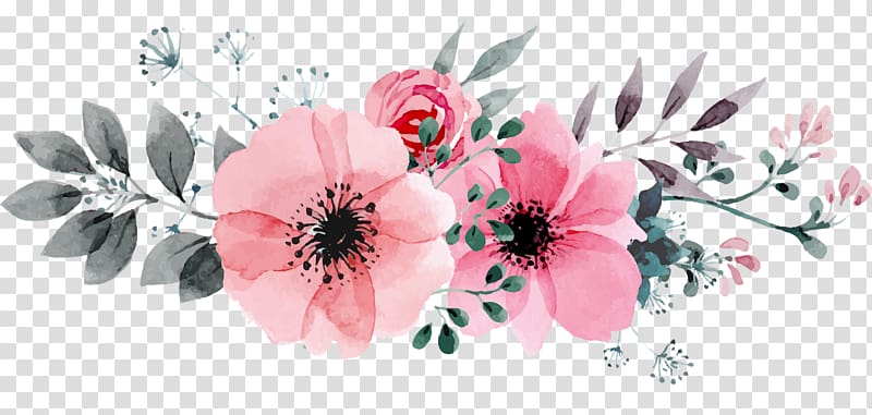 Watercolor floral arrangement with pink anemones, green leaves, and delicate filler blooms on transparent background.