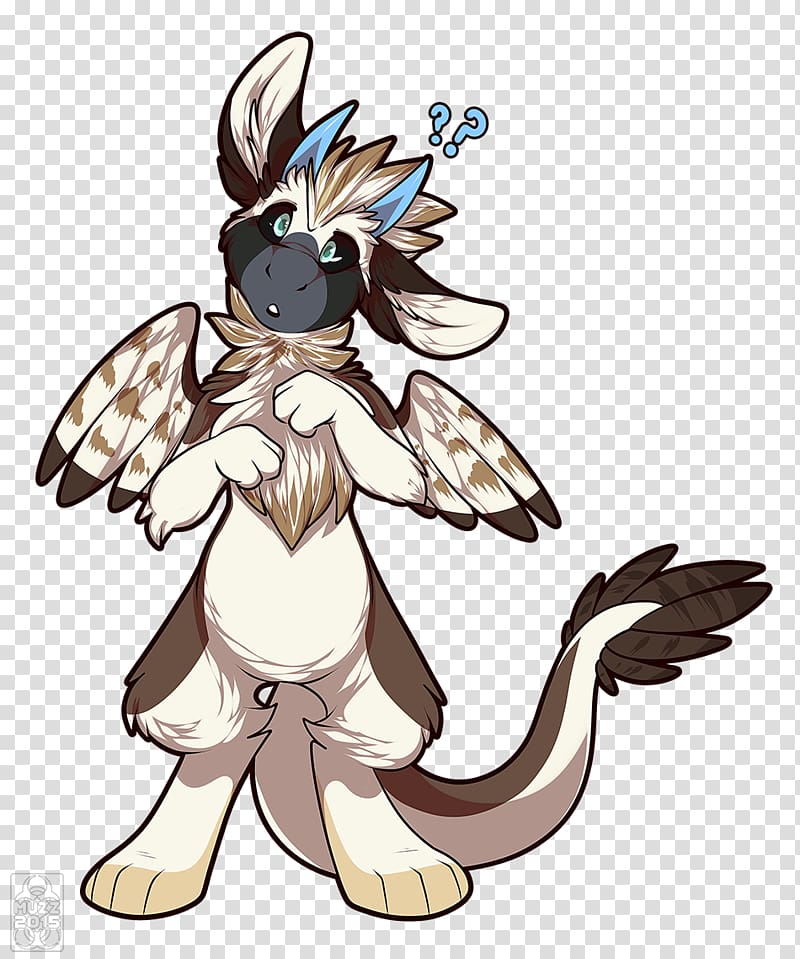 A confused anthropomorphic avian creature with feathered wings, blue-tipped ears, and a questioning expression.