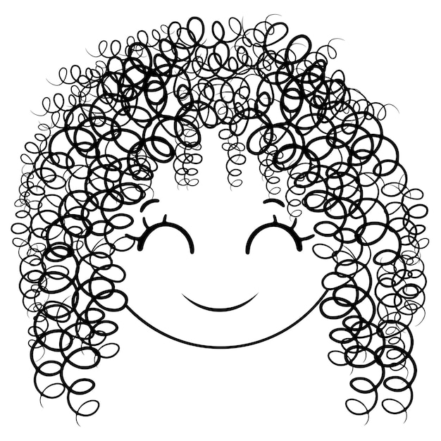 Cheerful cartoon face with big curly hair, closed smiling eyes, and joyful expression.