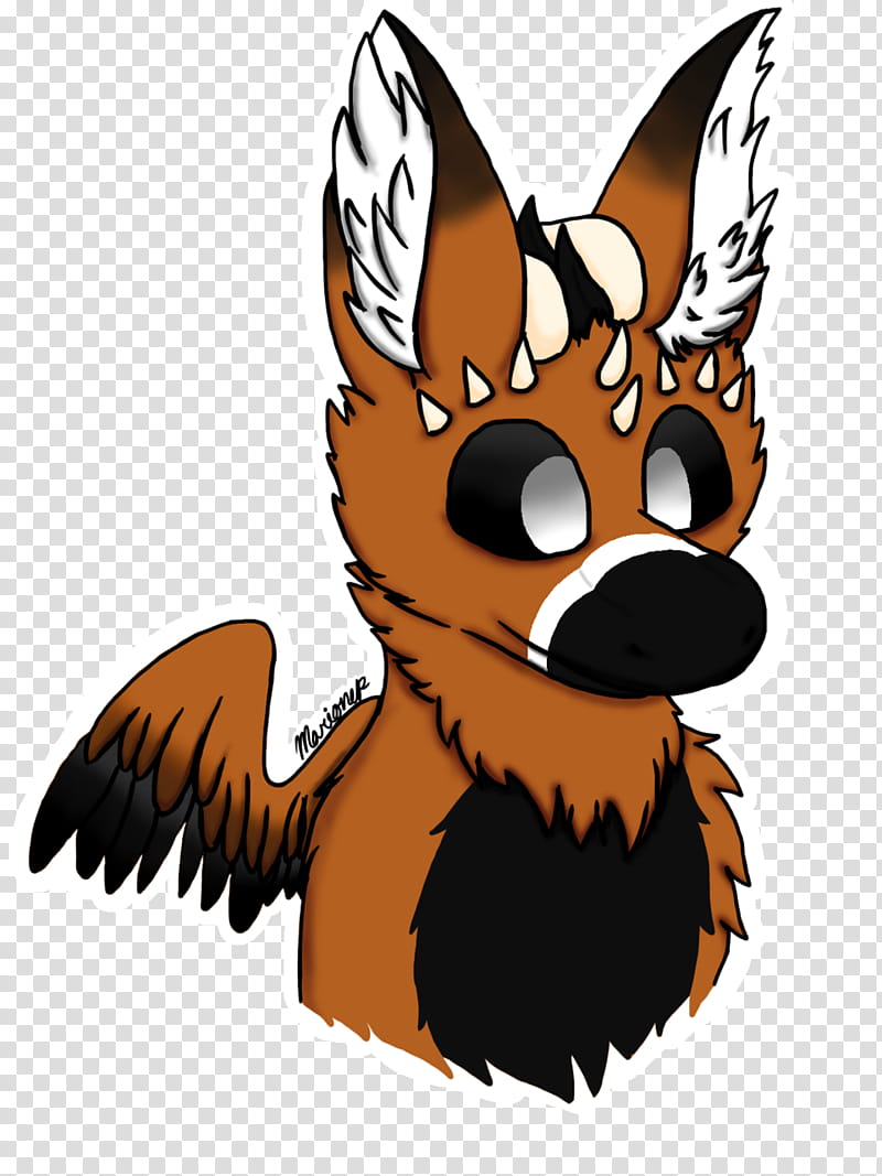 Chibi-style anthropomorphic fox with feathered ears, black chest patch, and wing, signed "Marionye"