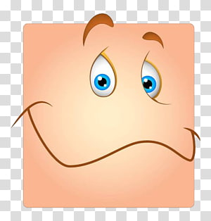 Sad cartoon face with blue eyes and downturned mouth on peach square background.