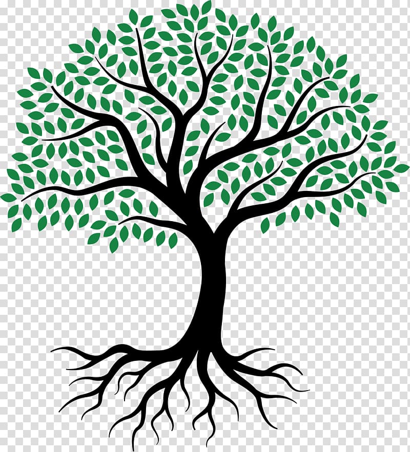 Stylized black tree with green leaves and visible roots on transparent background.