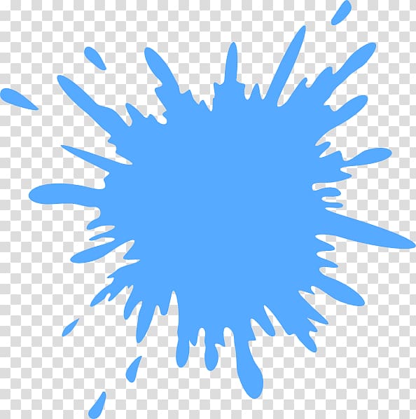 Blue paint splatter graphic on transparent background, stylized ink burst with dynamic drips and spikes.