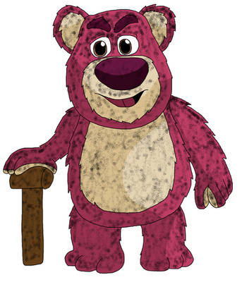 A worn, purple plush bear with a beige belly and nose, holding a wooden hammer, smiling warmly.