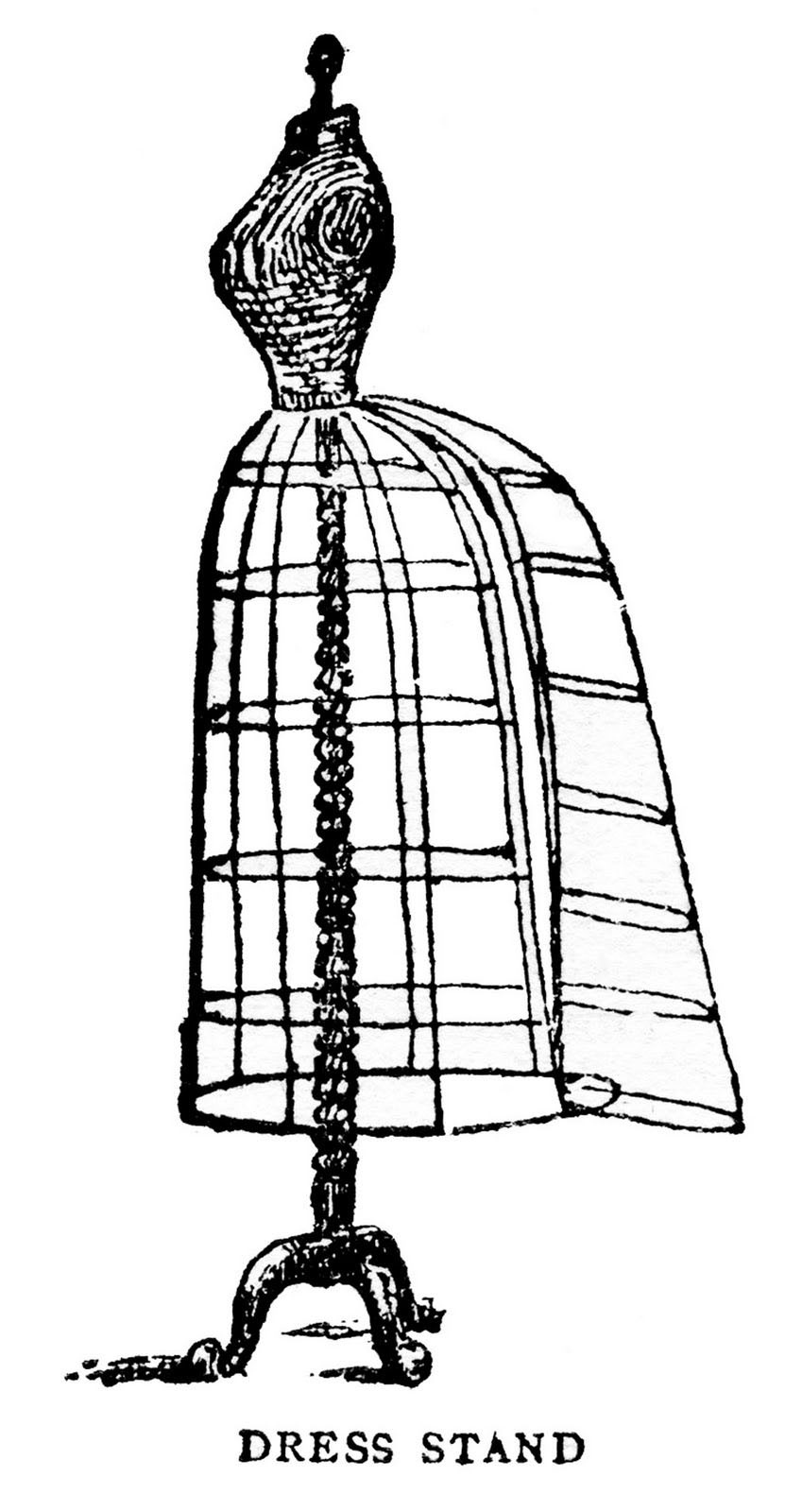 Vintage line drawing of a wire-frame dress stand with bust form and ornate base, labeled "DRESS STAND".