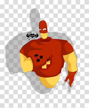A cartoon superhero in a red suit with yellow accents, mask, and a black bat symbol on the chest, posed dynamically against a transparent background.