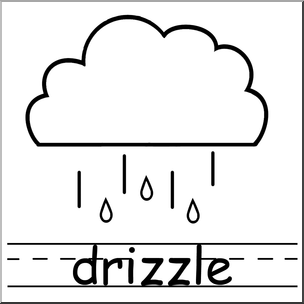 Simple line drawing of a cloud with light raindrops labeled "drizzle" for early literacy.