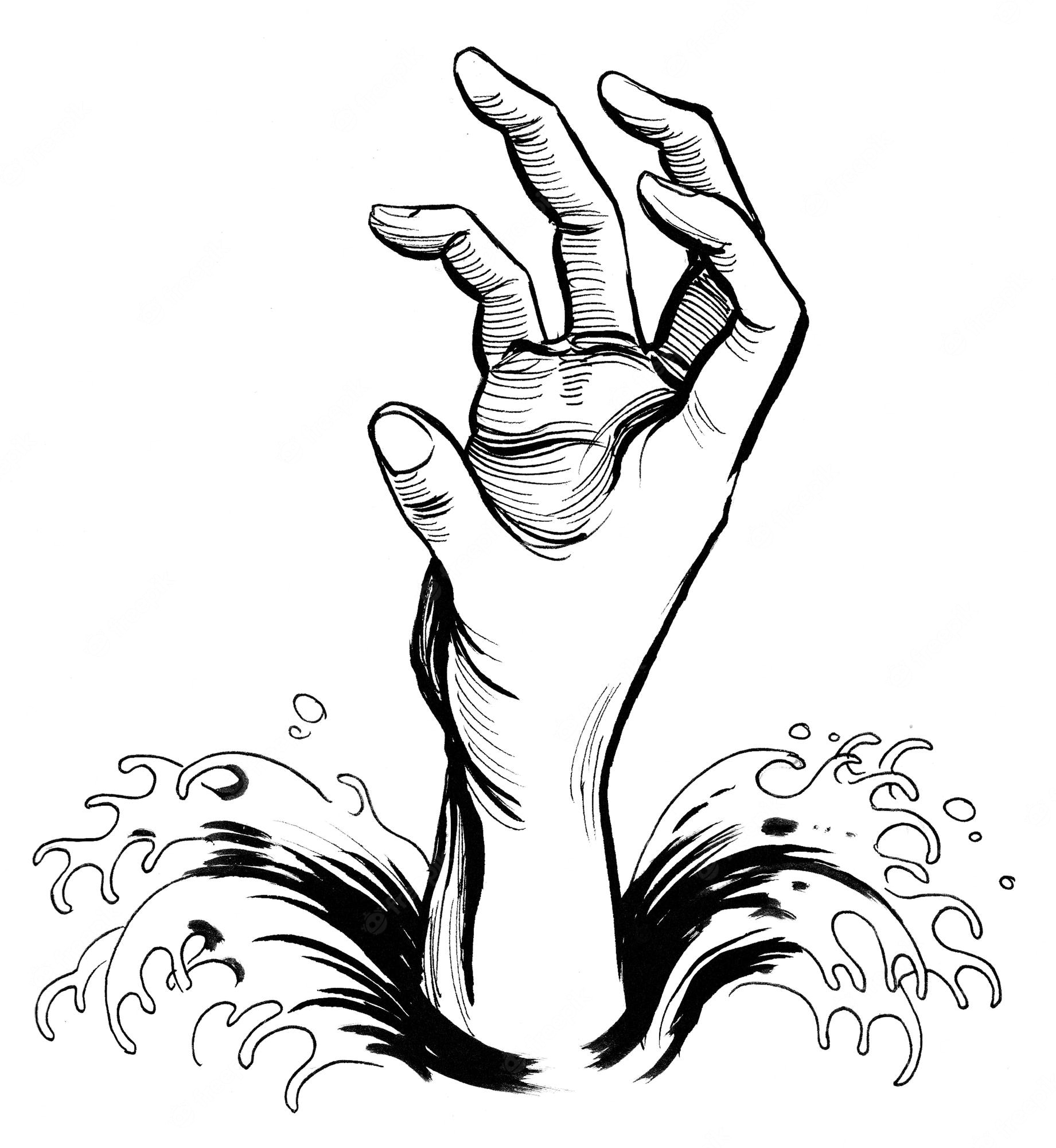Hand Emerging from Water - Symbolic Ink Illustration for Themes of Struggle and Hope