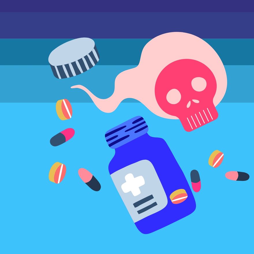 Blue medicine bottle spilling pills with a pink skull-shaped vapor cloud and striped cap floating above.