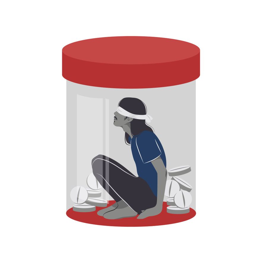 A blindfolded person sits inside a pill bottle surrounded by tablets, symbolizing medication dependency or mental health entrapment.