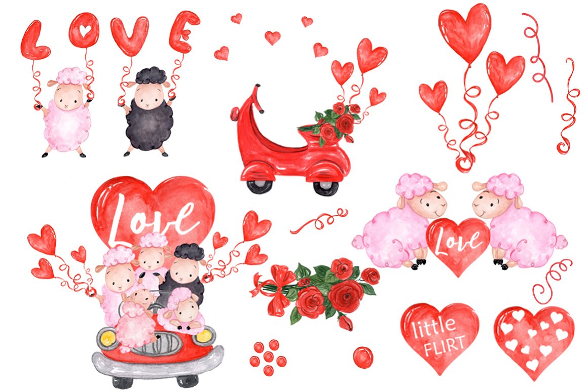 Watercolor Valentine’s illustration with sheep, red hearts, balloons, a scooter, and “Love” text in festive romantic theme.
