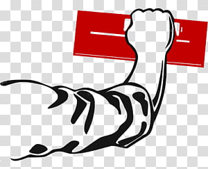 A stylized black-and-white muscular arm with a clenched fist gripping a red rectangular object, symbolizing strength or protest.