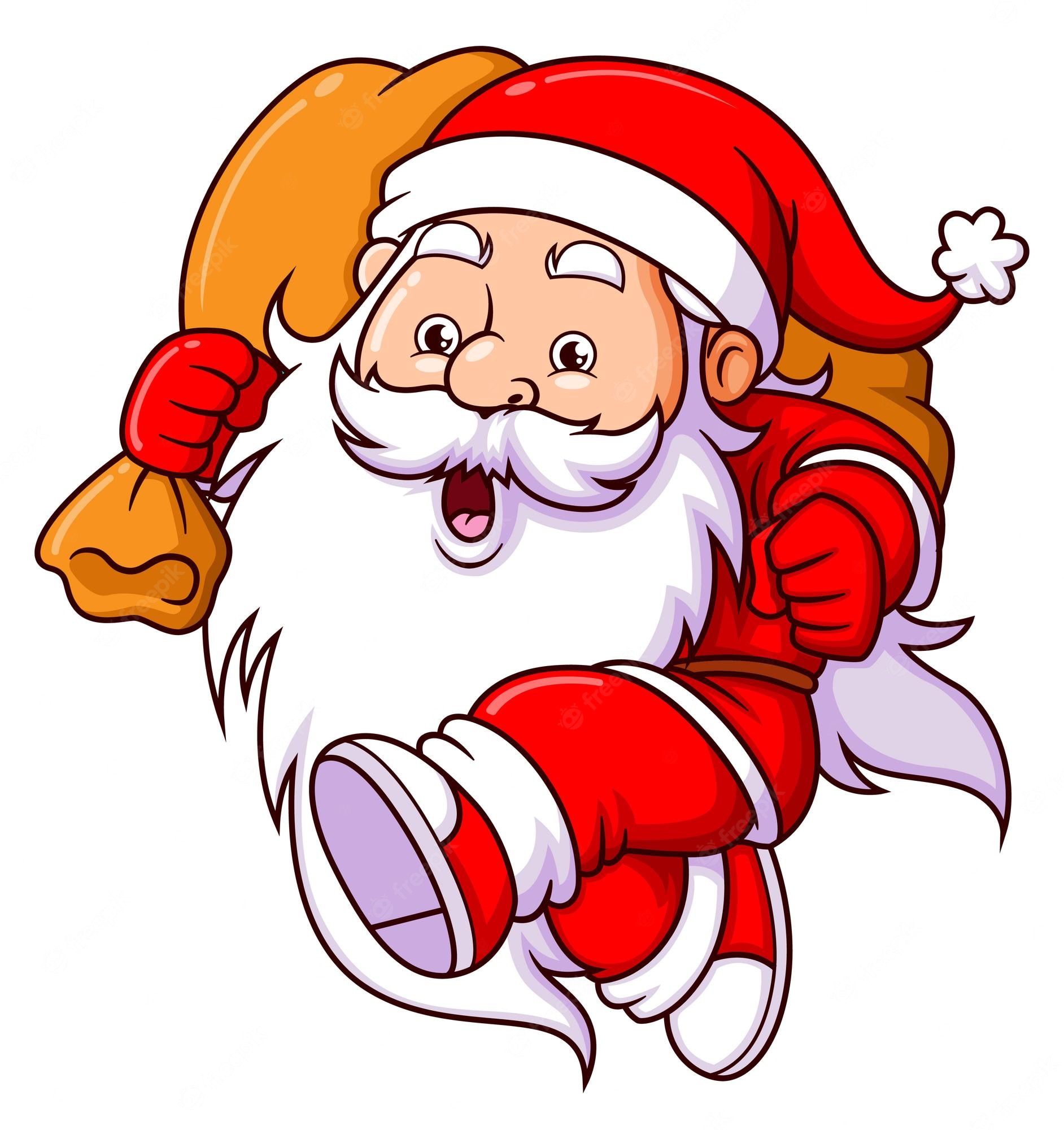 Cheerful cartoon Santa Claus running with a gift sack, wearing red suit and hat, joyful expression.