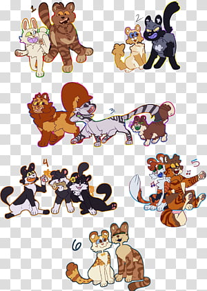 Six whimsical anthropomorphic animal illustrations in playful groupings, including bears, cats, lions, and rabbits with expressive poses.