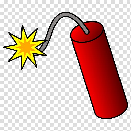 Red cartoon dynamite stick with lit fuse and explosion starburst on transparent background.