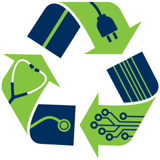 Green recycling symbol with icons for electronics, medical devices, and circuit boards.
