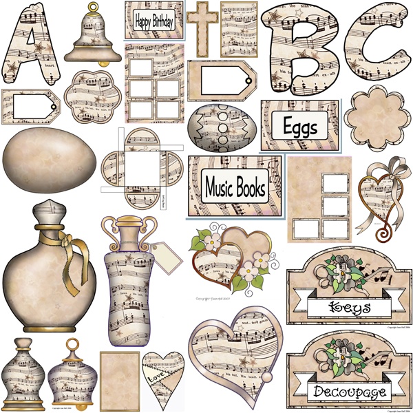 Vintage sheet music-themed printable craft elements including letters, tags, bottles, hearts, and labels for decoupage and scrapbooking.