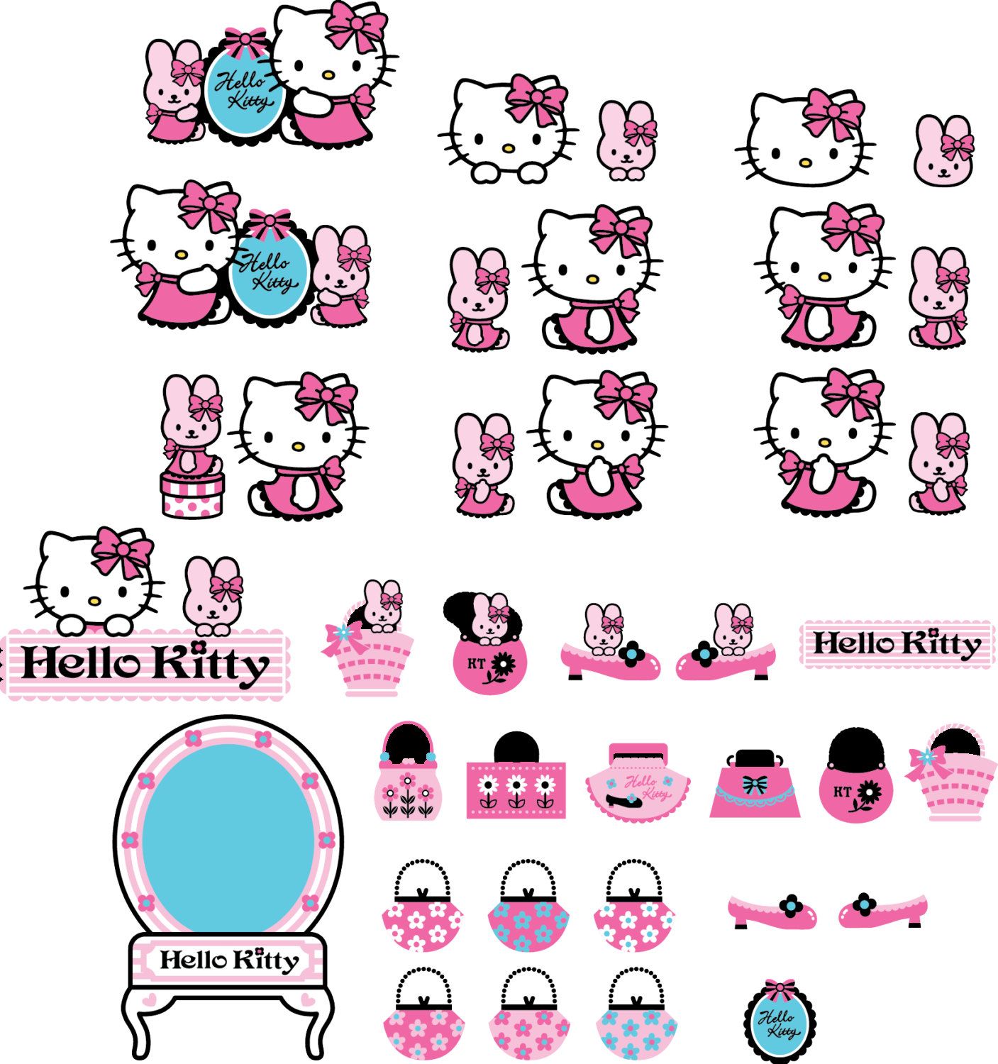 Hello Kitty and bunny characters in pink outfits, accessories, logos, and decorative items including mirrors, bags, and shoes.