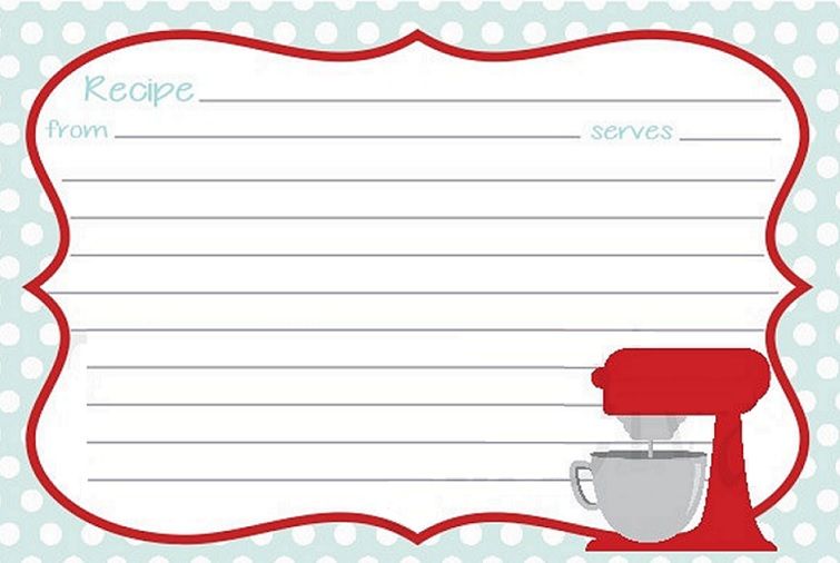 Printable recipe card template with red mixer illustration and polka-dot background.