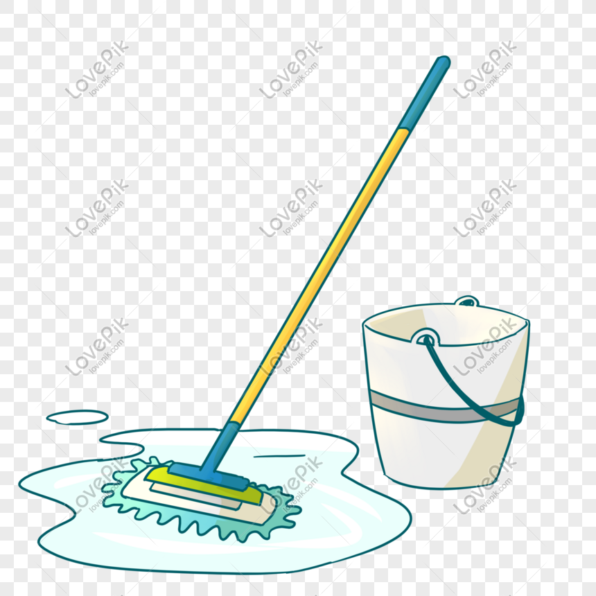 Cartoon mop with yellow handle cleaning a puddle beside a white bucket with green handle.