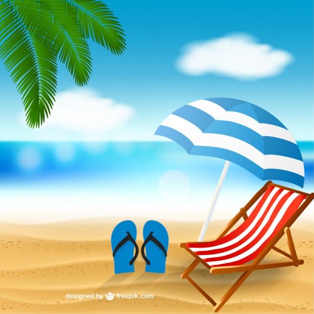 Beach scene with striped umbrella, red-and-white lounge chair, blue flip-flops, and palm frond against ocean backdrop.