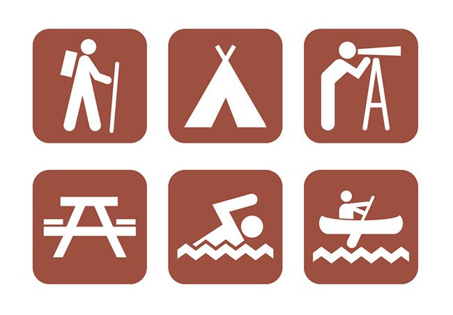Six brown square icons depicting outdoor recreation: hiking, camping, stargazing, picnicking, swimming, and kayaking.