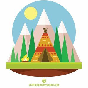 A colorful flat-style illustration of a teepee in a forest with mountains, a campfire, and a sun in the sky.