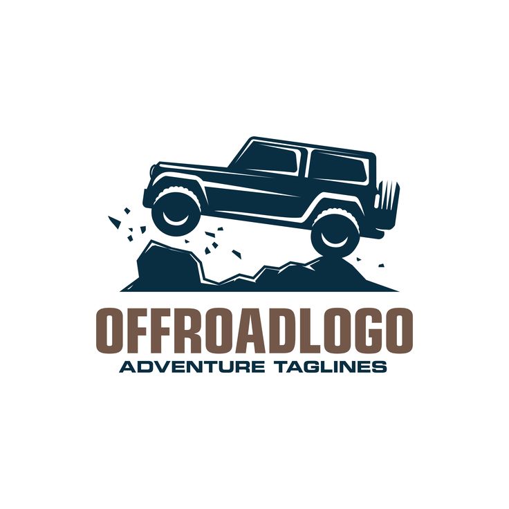 Off-road SUV climbing rocky terrain with dynamic splash effect, logo-style illustration in navy and brown.