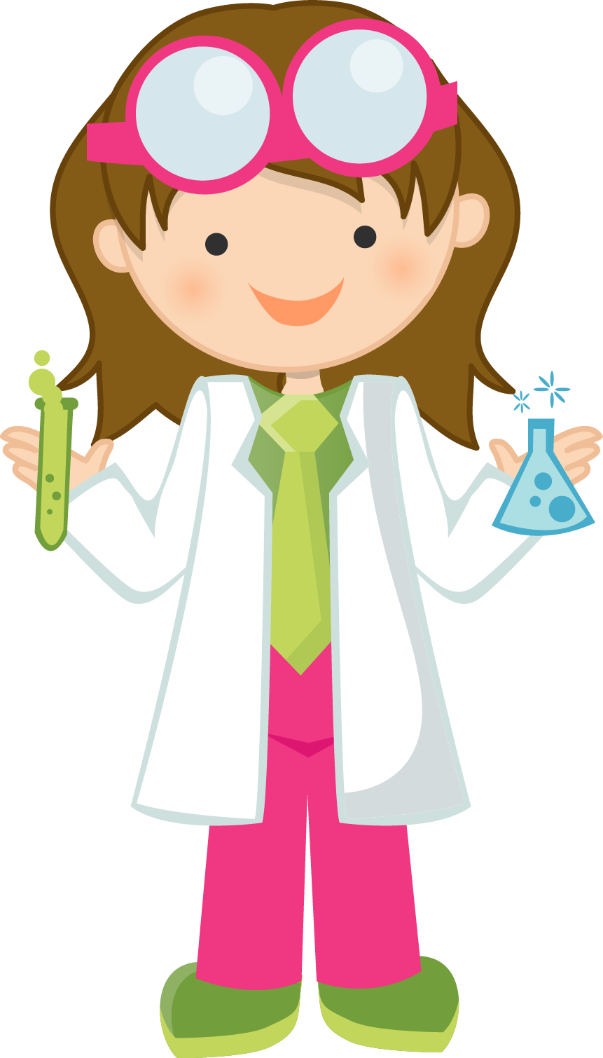 Smiling cartoon girl scientist in lab coat and pink goggles holding test tube and flask with bubbling liquids.